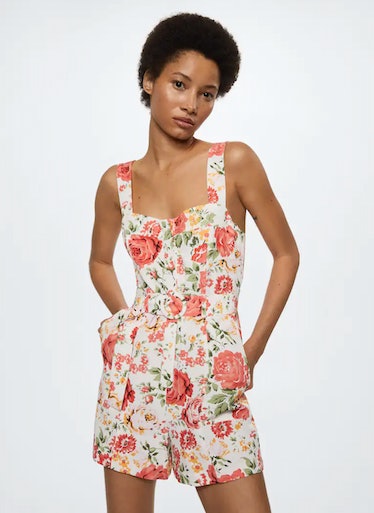 Mango's Flower Short Jumpsuit with pockets and chunky straps.