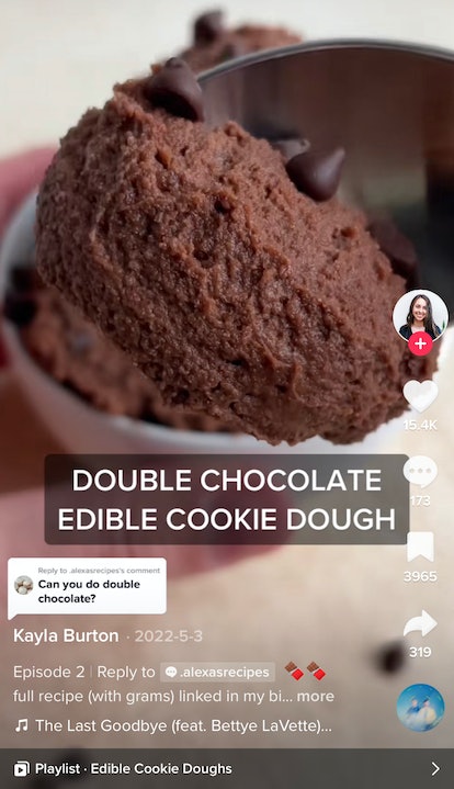 A TikToker shares an edible cookie dough recipe on TikTok that makes double chocolate chip cookie do...